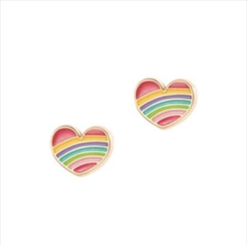 red heart earrings with a rainbow within them.